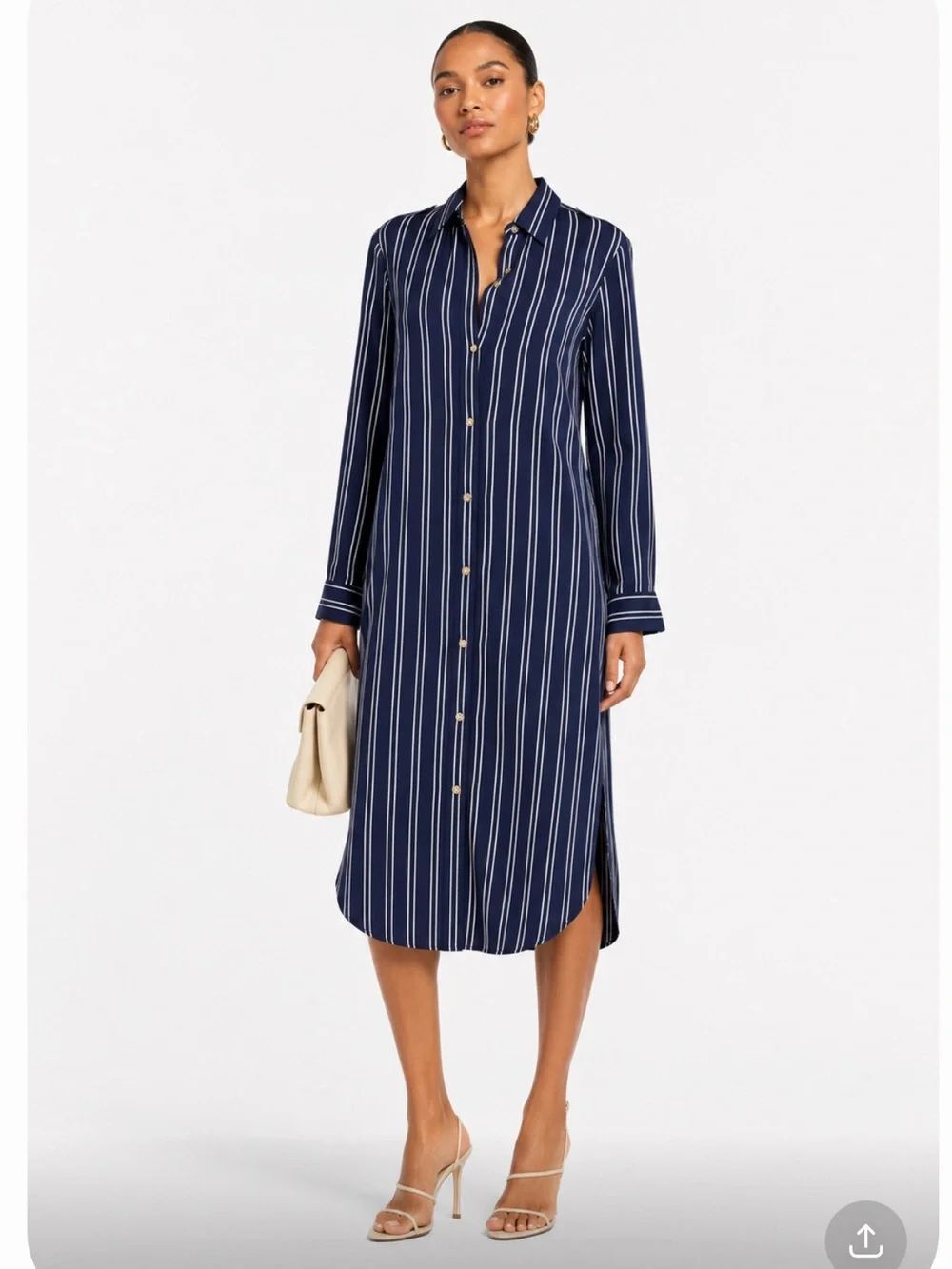 MICHAEL KORS Navy Blue Vertical Stripe Button-Down Midi Dress Size M